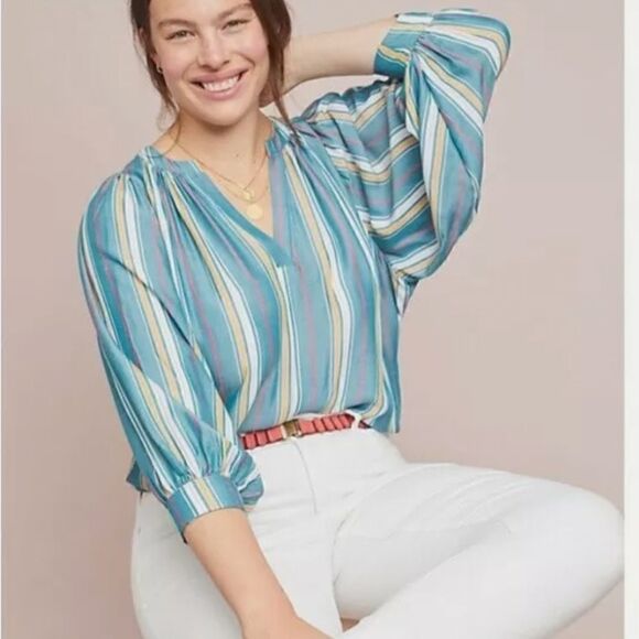 MAEVE ANTHRO ANTHROPOLOGIE Byron Striped Peasant Top Shirt XS Small Medium NWT - Picture 3 of 10